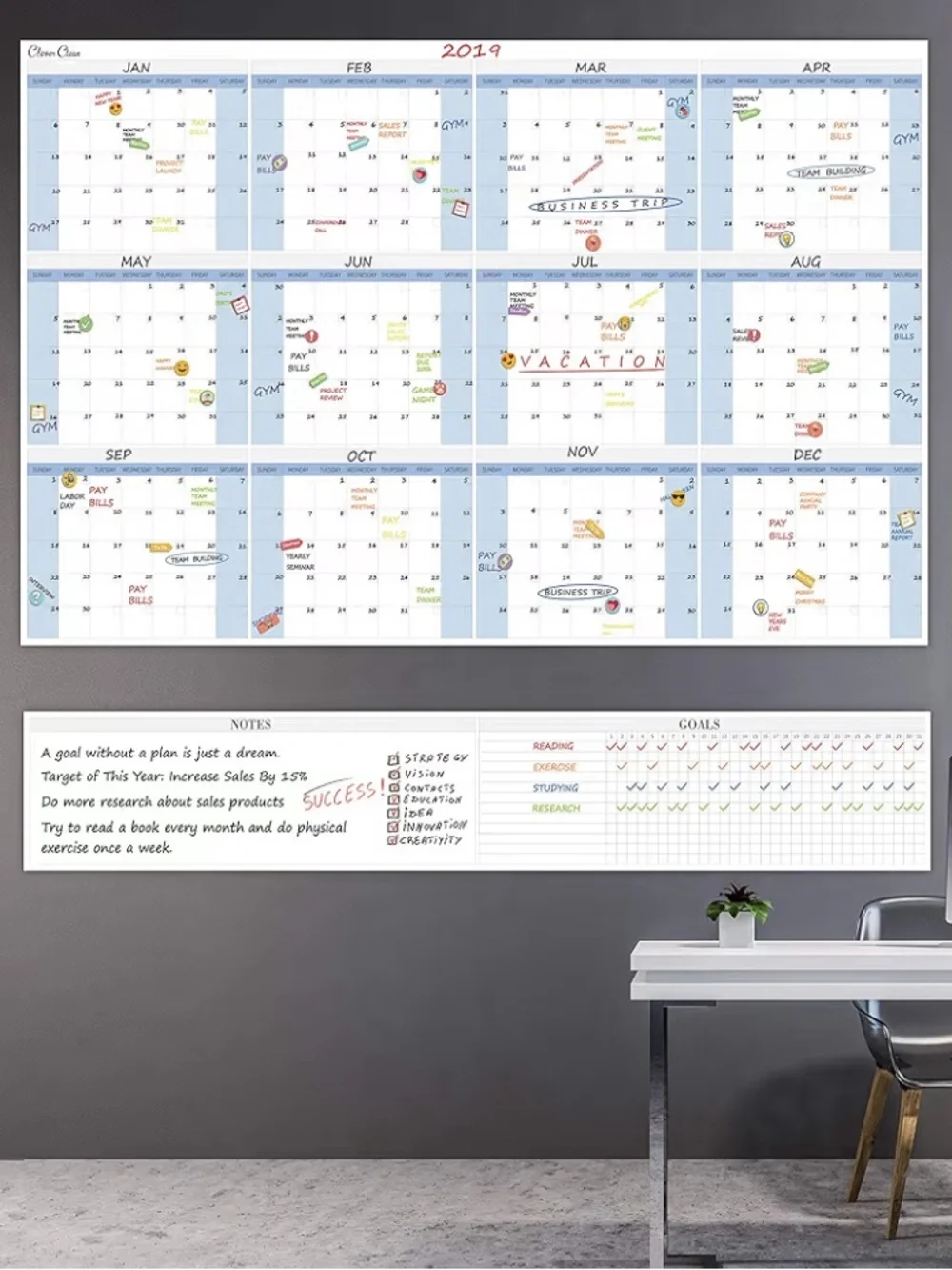 Clever Clean large dry erase wall calendar 48'' x 58” with accessories!